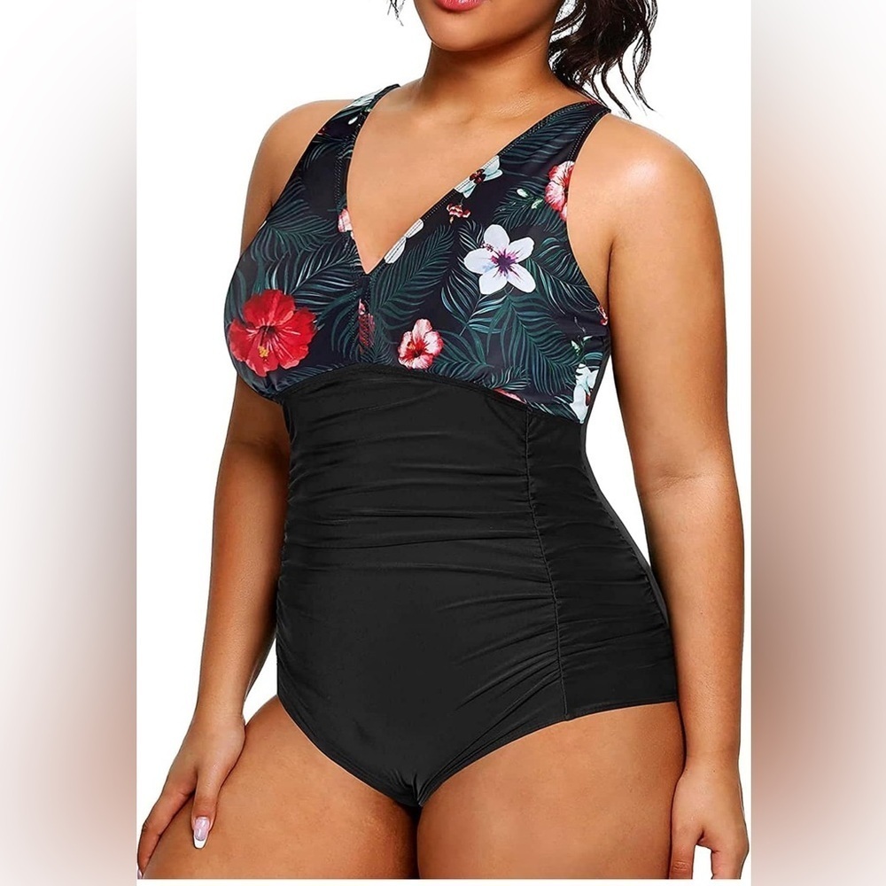 Aqua Eve Women Plus Size One Piece Swimsuits V Neck Tummy Control Bathing
